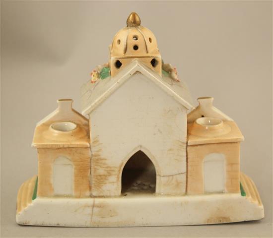 A rare possibly unique Staffordshire porcelain chapel shaped pastille burner, c.1835, 14.5cm, faults